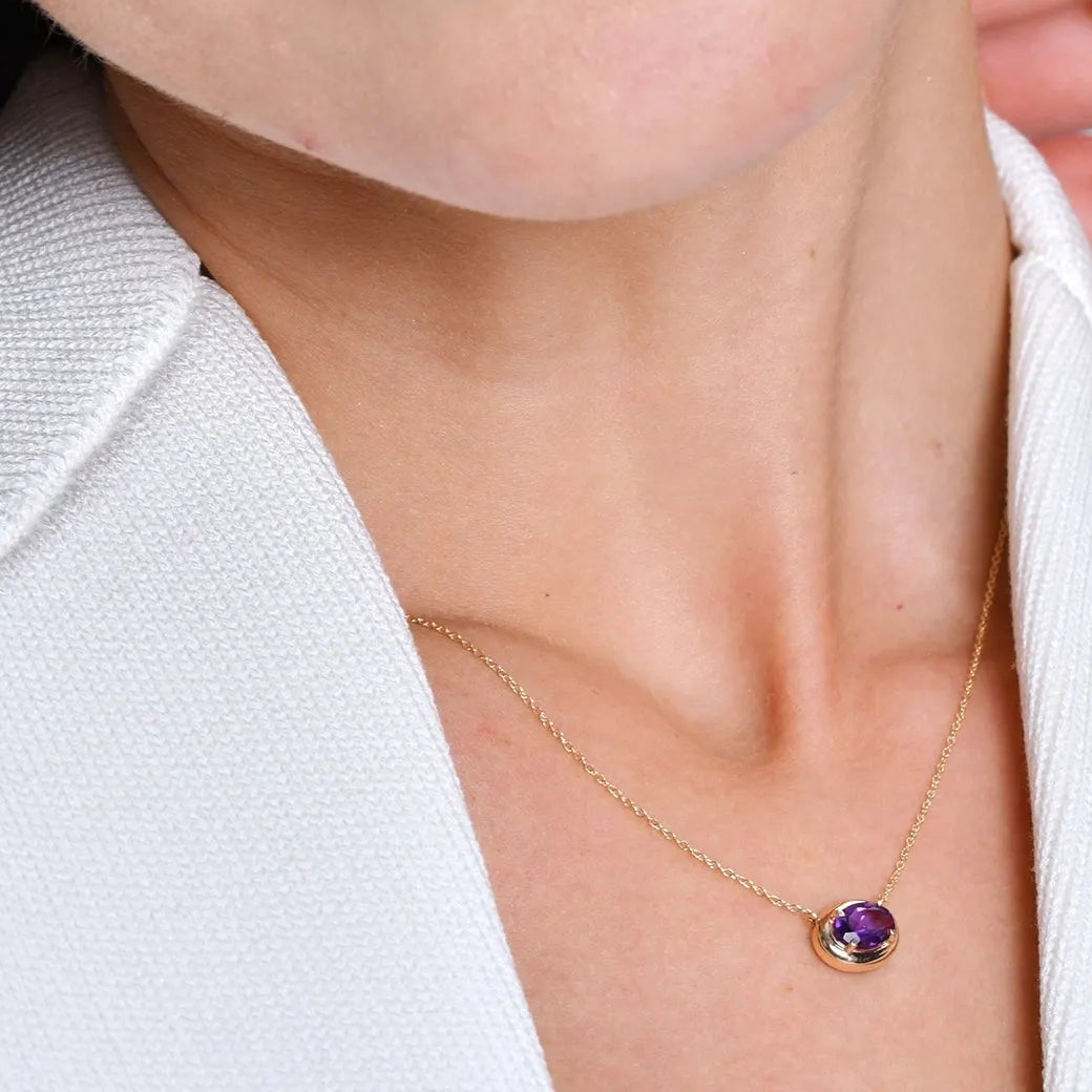 14k Solid Gold Amethyst Oval Necklace 0.70 Carat Prong Setting