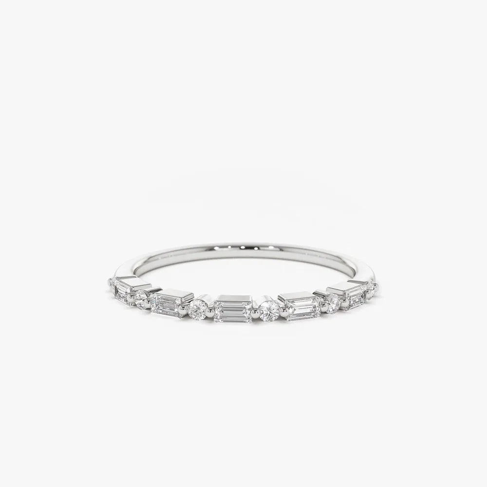 14K Solid Gold Baguette and Round Diamond Shared Prong Band Ring