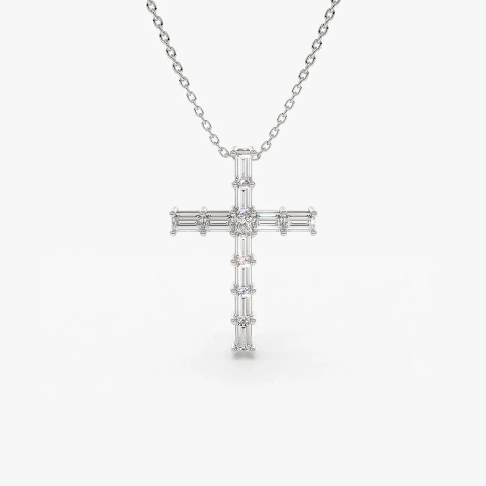 14K Solid Gold Baguette and Princess Cut Diamond Cross Pendant Necklace 0.38ctw
