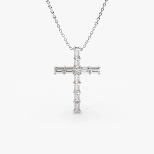 14K Solid Gold Baguette and Princess Cut Diamond Cross Pendant Necklace 0.38ctw