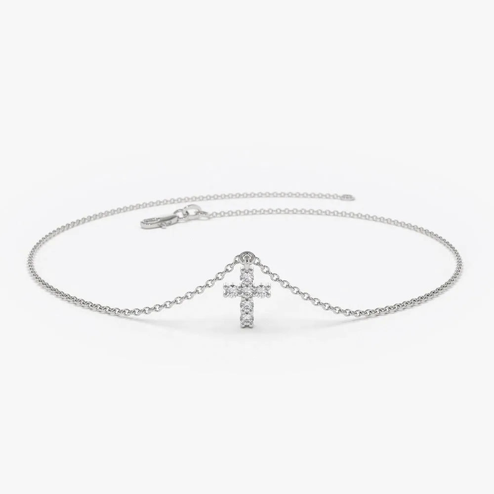 14K Solid Gold Round Diamond Cross Charm Bracelet 0.07 Carat