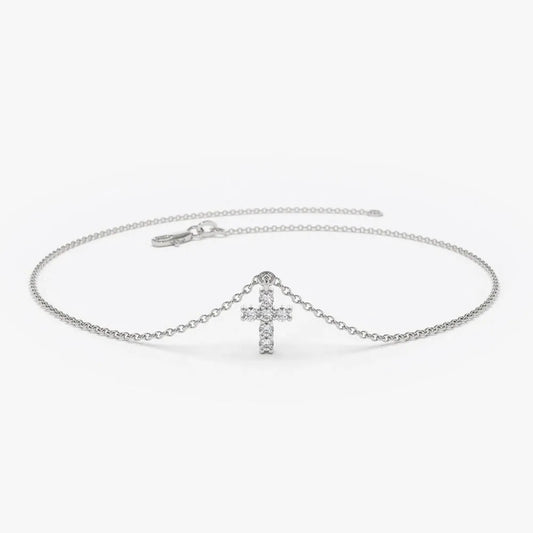 14K Solid Gold Round Diamond Cross Charm Bracelet 0.07 Carat