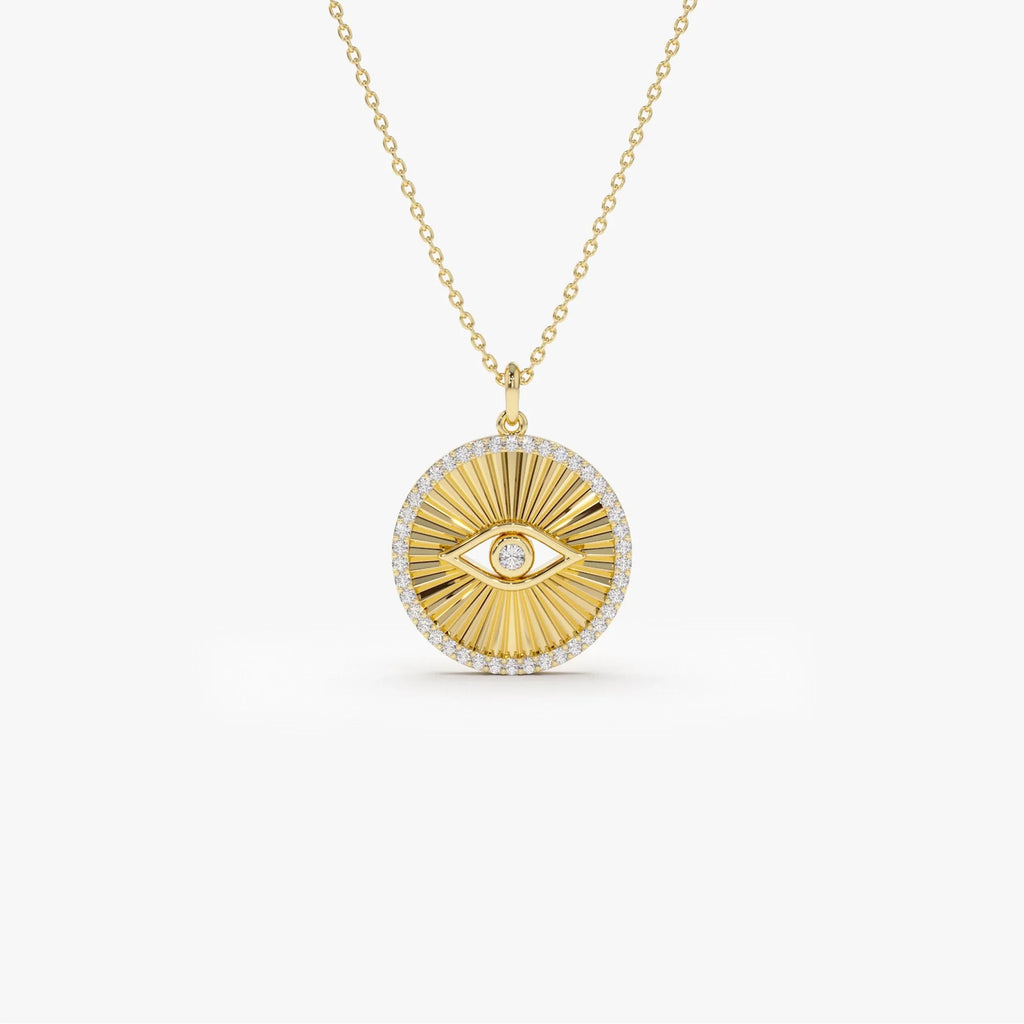 14K Solid Gold Round Diamond Evil Eye Medallion Disc Necklace 0.29ctw