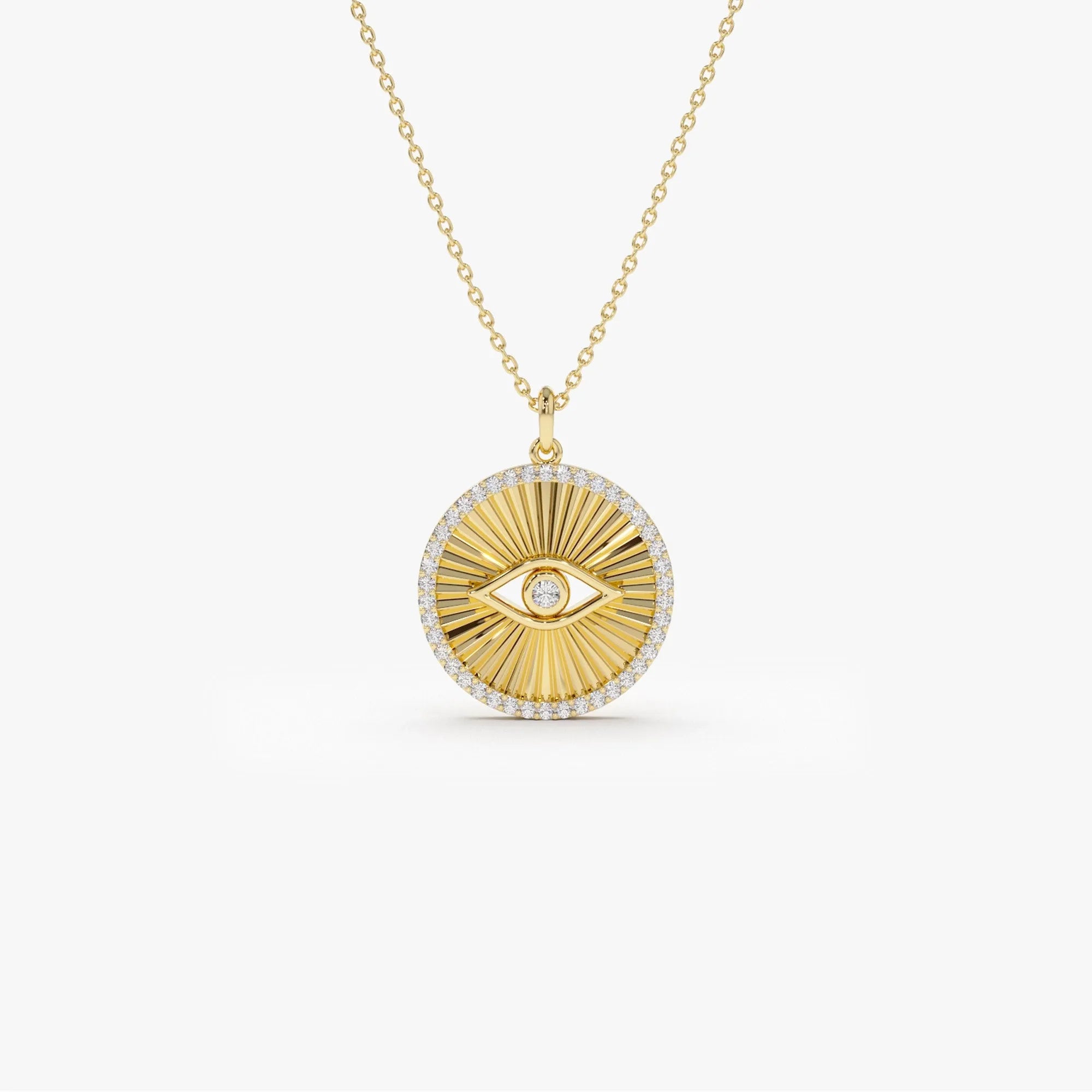 14K Solid Gold Round Diamond Evil Eye Medallion Disc Necklace 0.29ctw