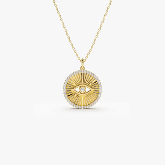 14K Solid Gold Round Diamond Evil Eye Medallion Disc Necklace 0.29ctw