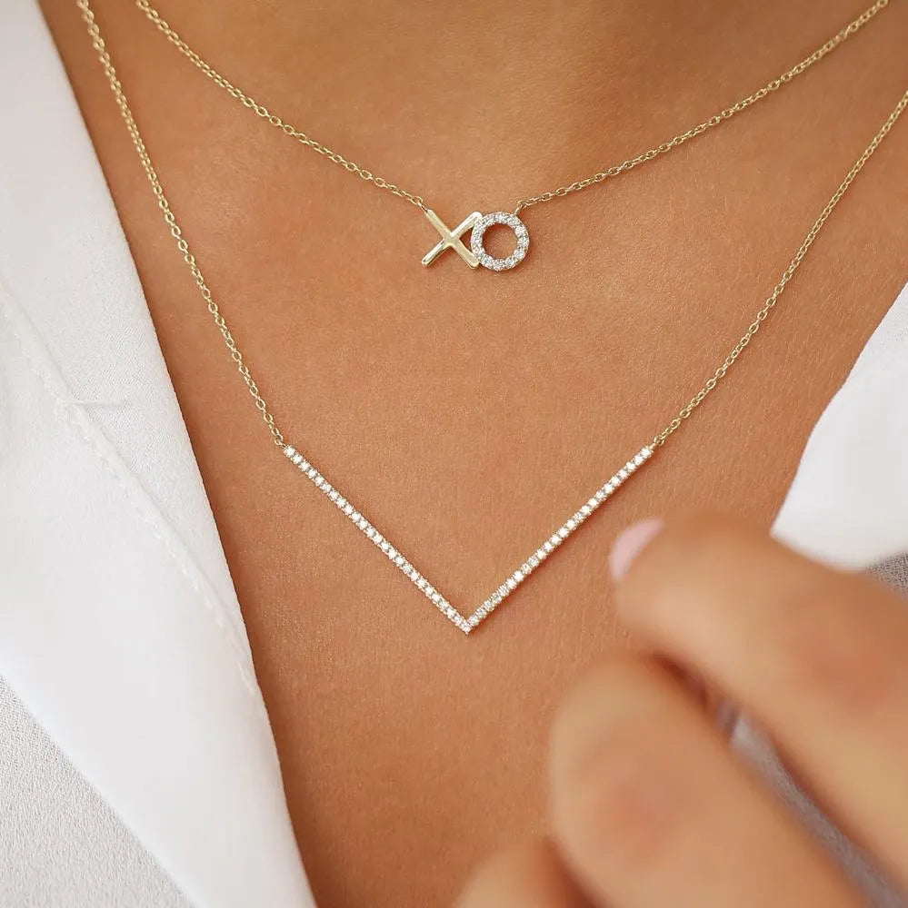 14K Solid Gold Round Diamond Micro Pave V Shaped Chevron Necklace 0.30ctw
