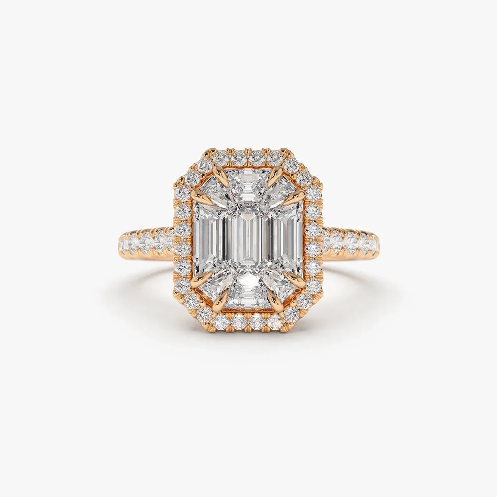 14k Gold 0.55 CTW Diamond Emerald Cut Illusion Halo Engagement Ring with Invisible Claw Setting