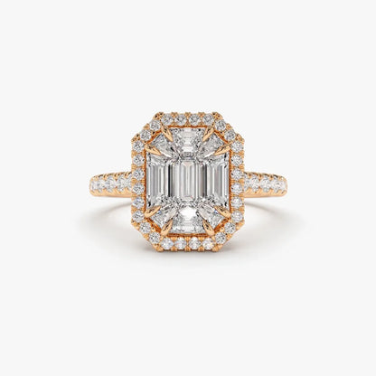 14k Gold 0.55 CTW Diamond Emerald Cut Illusion Halo Engagement Ring with Invisible Claw Setting
