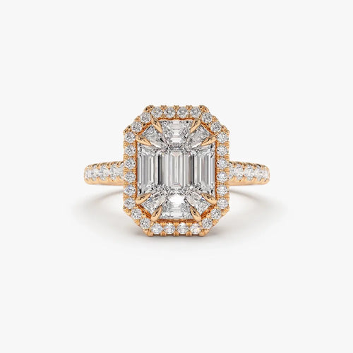 14k Gold 0.55 CTW Diamond Emerald Cut Illusion Halo Engagement Ring with Invisible Claw Setting