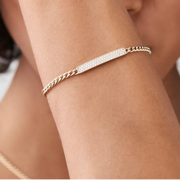 14K Solid Gold 0.39 CTW Round Diamond Pave Bar 3MM Curb Link Bracelet