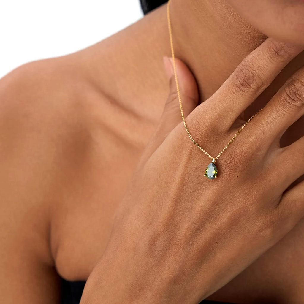 14k Solid Gold Peridot Pear Shaped Solitaire Necklace 0.65 Carat
