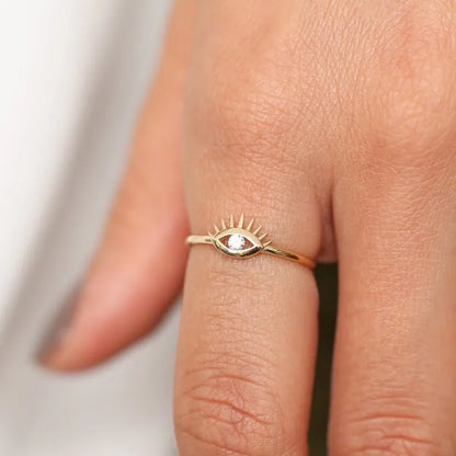 14k Gold Round Diamond Evil Eye Ring Channel Setting 0.07ctw