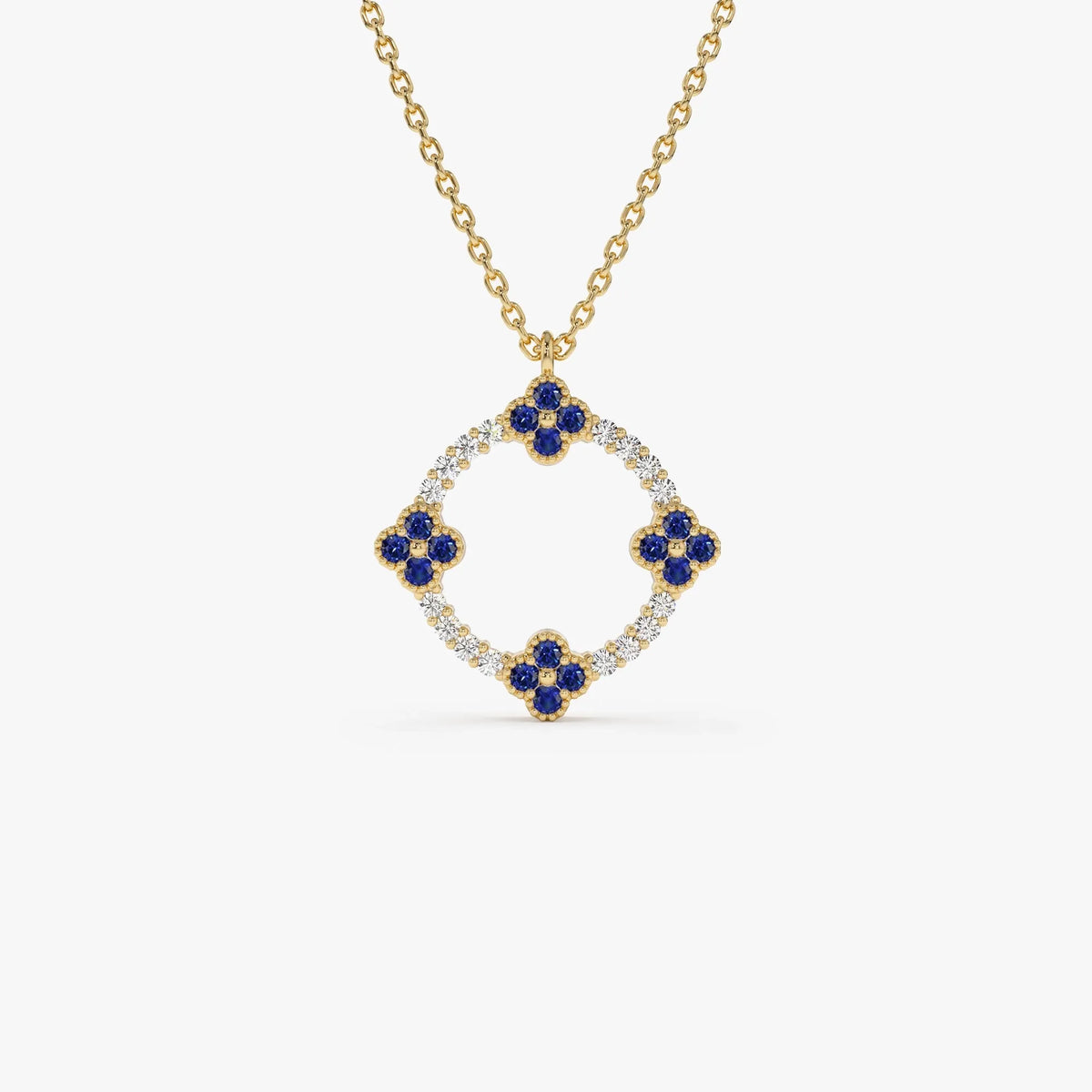 14k Solid Gold Sapphire and Diamond Round Clover Necklace 0.33 Carat
