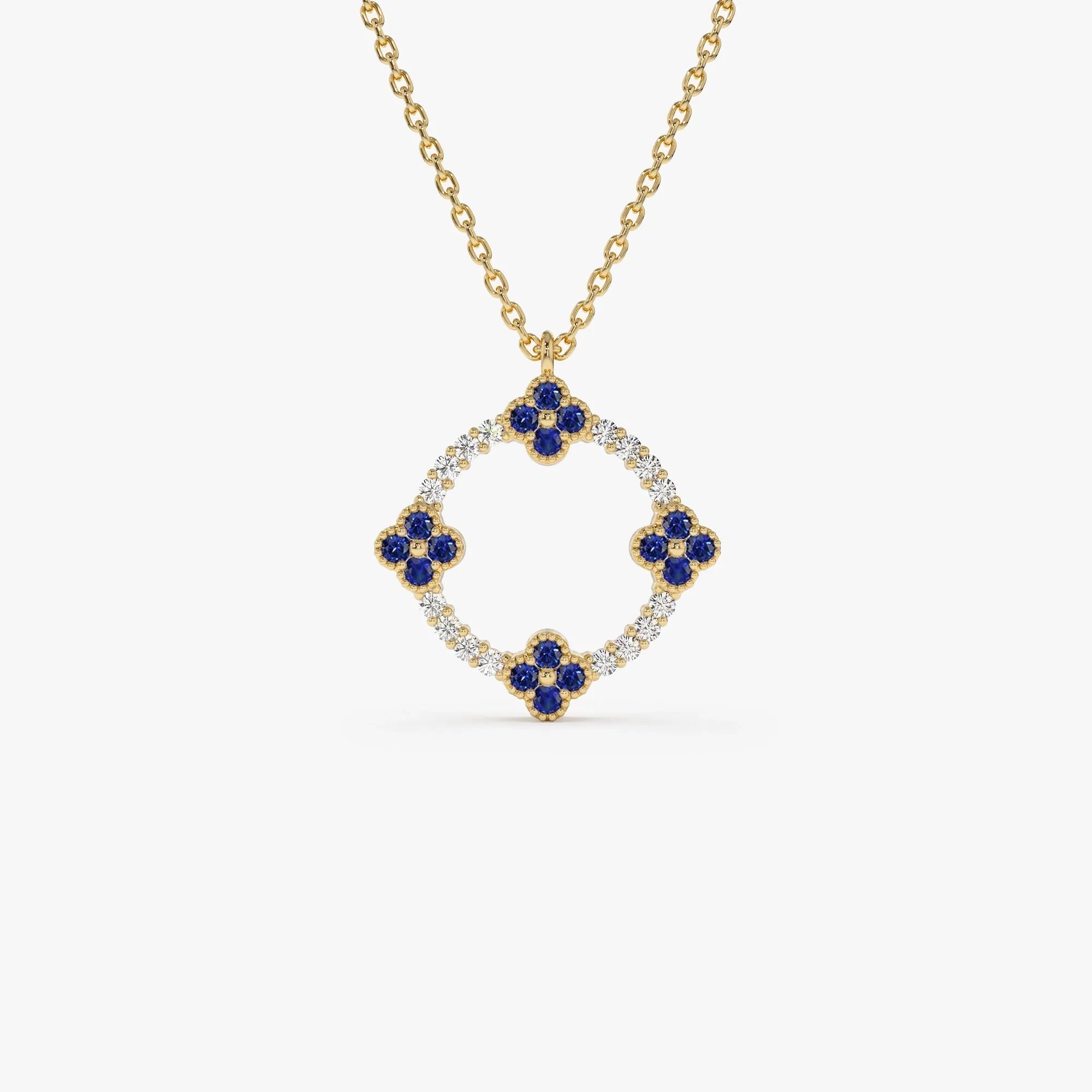 14k Solid Gold Sapphire and Diamond Round Clover Necklace 0.33 Carat