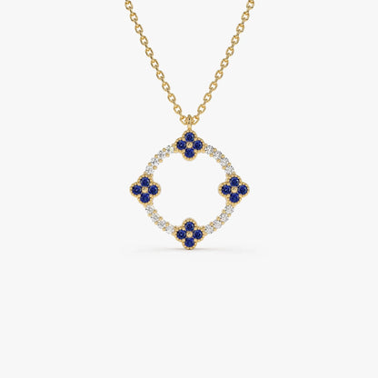 14k Solid Gold Sapphire and Diamond Round Clover Necklace 0.33 Carat