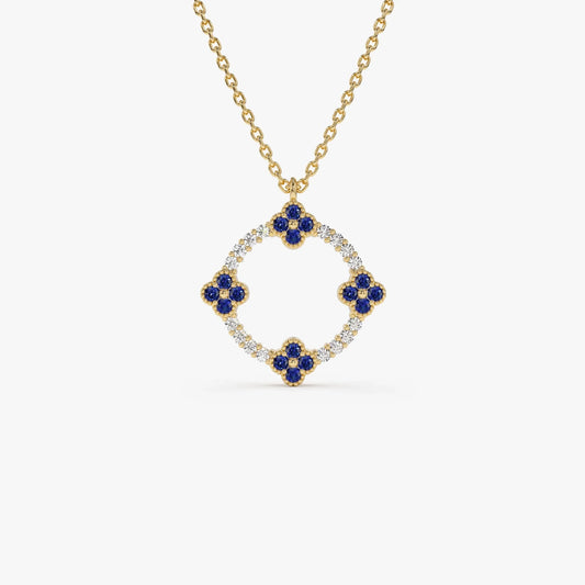 14k Solid Gold Sapphire and Diamond Round Clover Necklace 0.33 Carat
