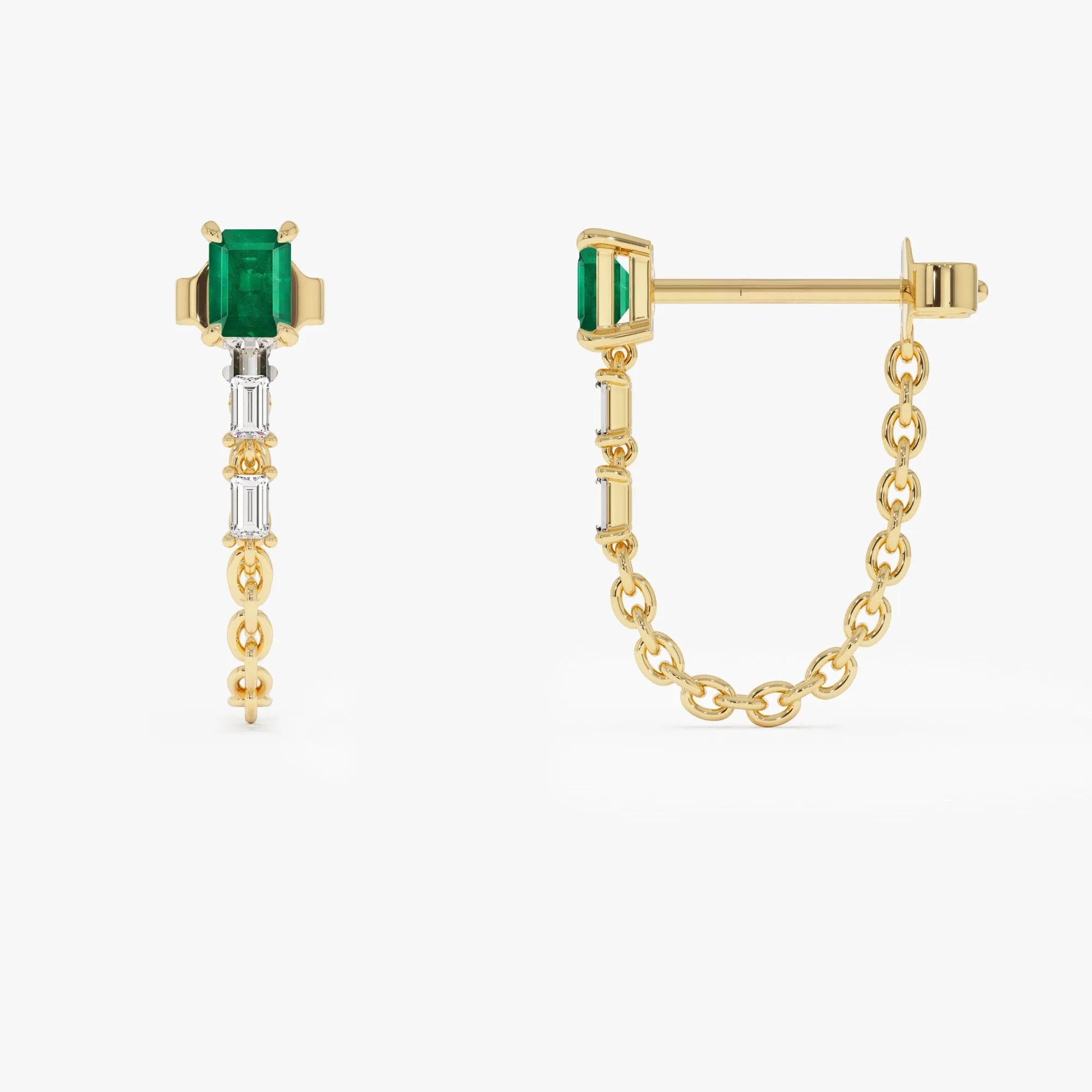 14k Solid Gold Emerald Cut Emerald and Baguette Diamond Linked Drop Earrings 0.70 ctw