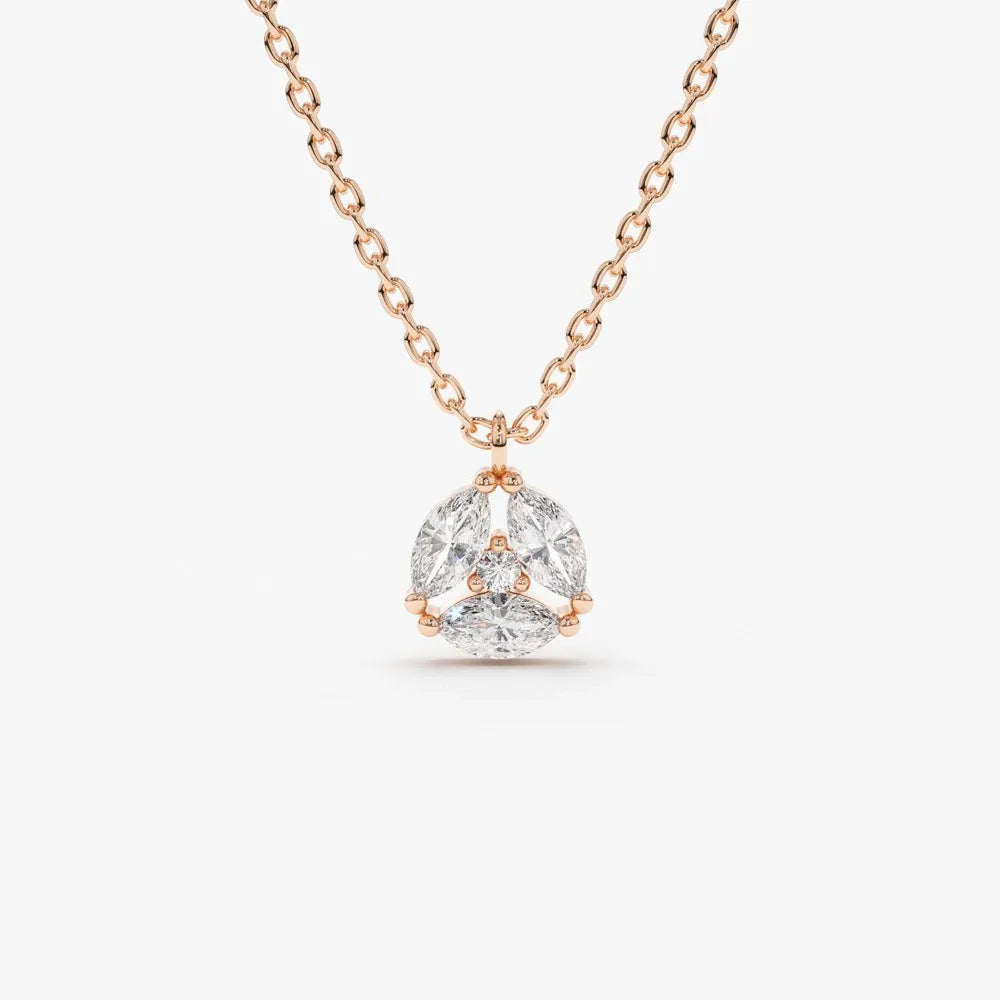 14K Solid Gold Marquise and Round Diamond Cluster Necklace Prong Setting 0.16ctw