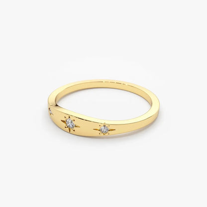 14K Solid Gold Round Diamond 3 Stone Star Setting Stacking Ring 0.06 CTW