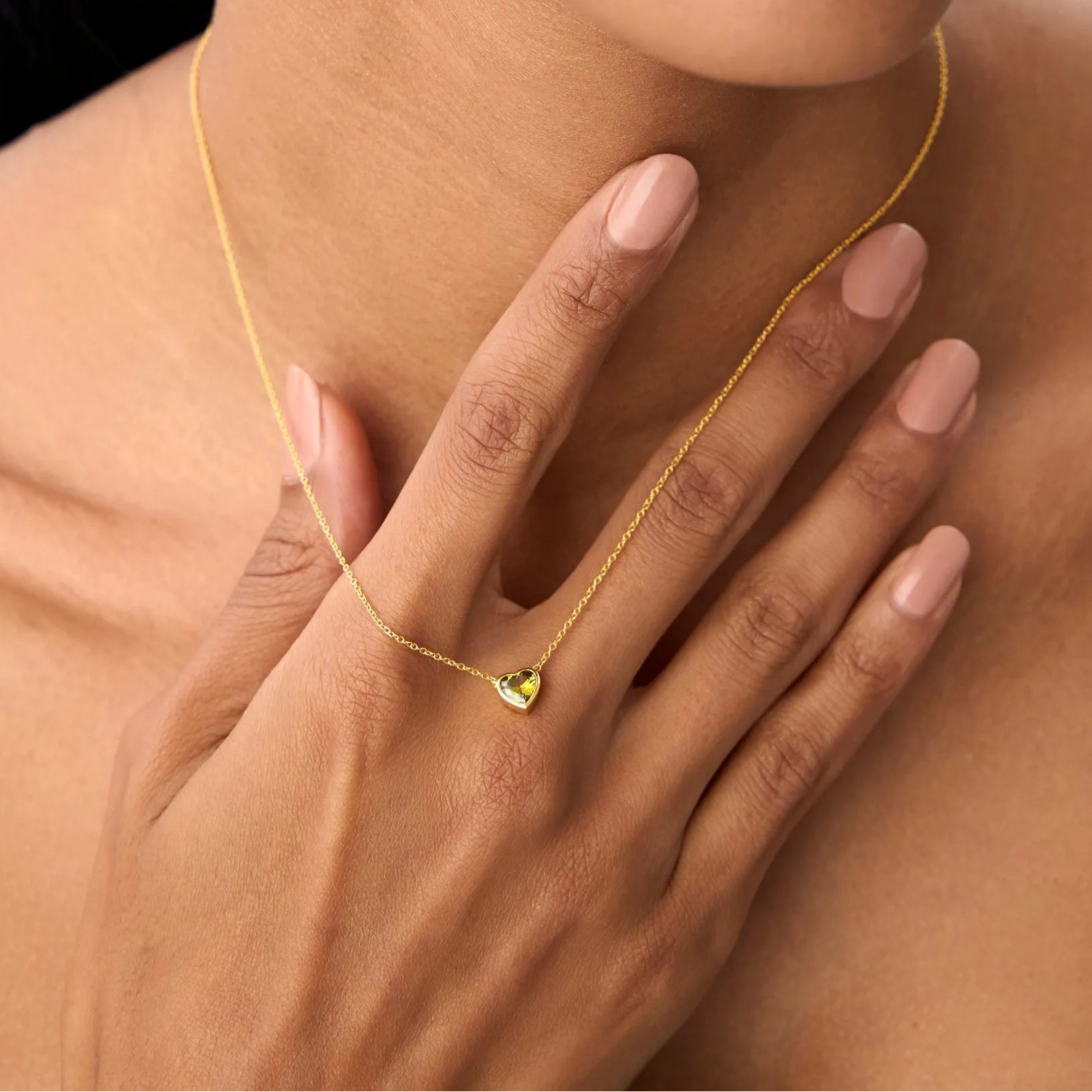 14k Solid Gold Peridot Heart Shaped Layering Necklace 0.55 Carat
