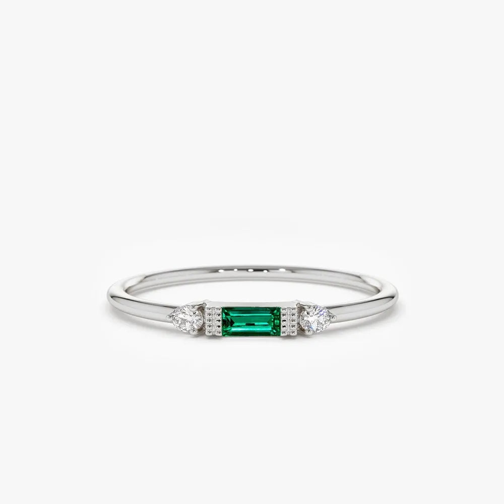 14K Gold Baguette Emerald and Round Diamond Ring 0.12 CTW Handcrafted Jewelry
