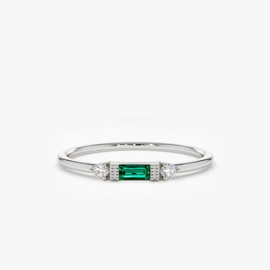 14K Gold Baguette Emerald and Round Diamond Ring 0.12 CTW Handcrafted Jewelry