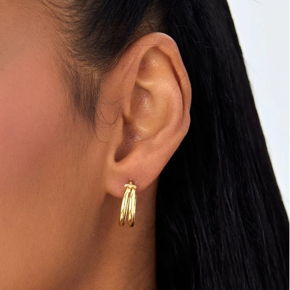 14k Yellow Gold Dual Row Hoop Earrings 16mm Outer Diameter 5.5mm Width