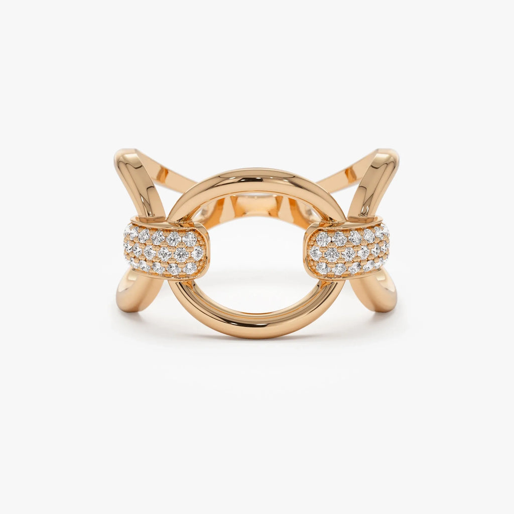 14K Solid Gold Round Diamond 0.23 Carat Horsebit Pave Setting Ring