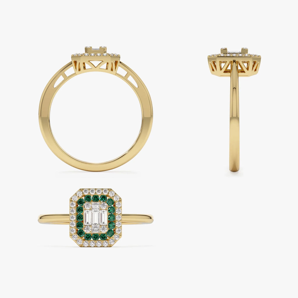 14K Solid Gold Round Emerald and Baguette Diamond Halo Ring 0.47 CTW
