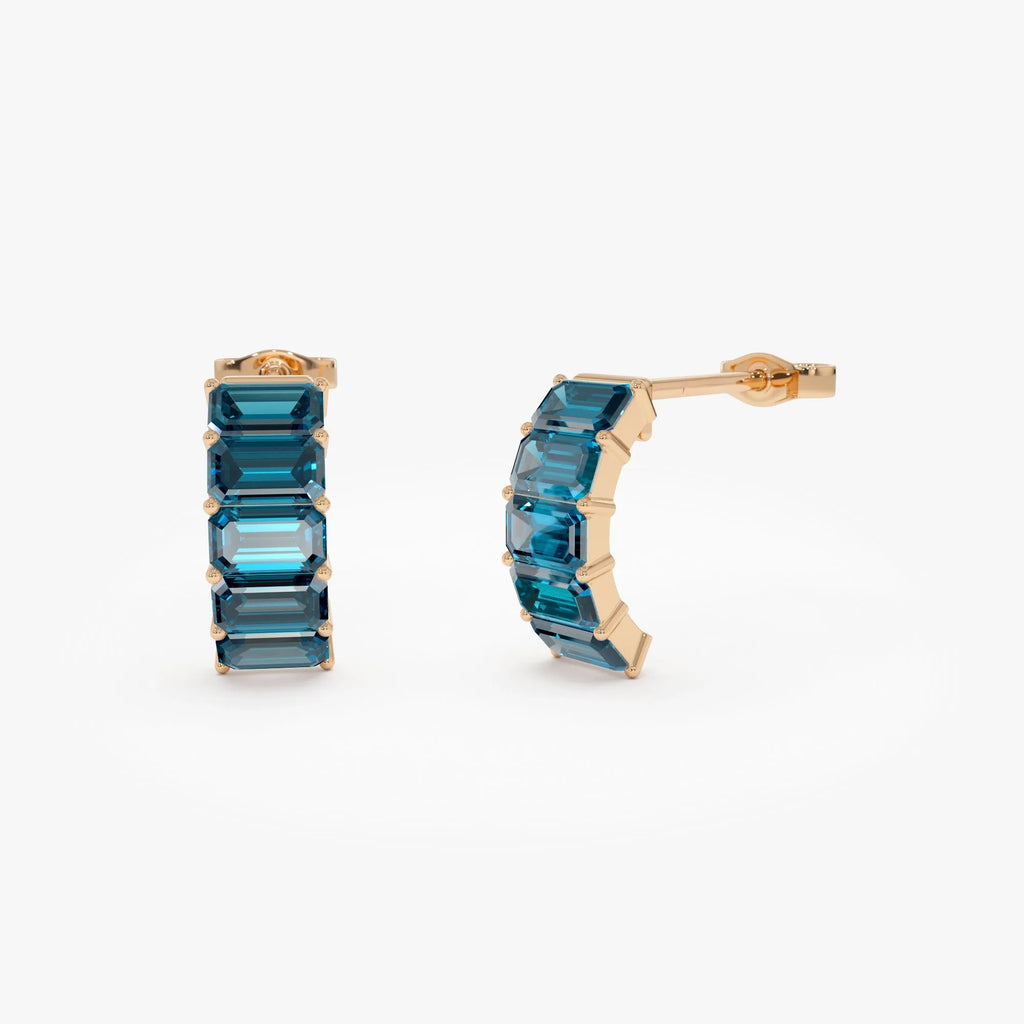 14K Solid Gold Octagon Cut London Blue Topaz Half Hoop Earrings 3.70ctw