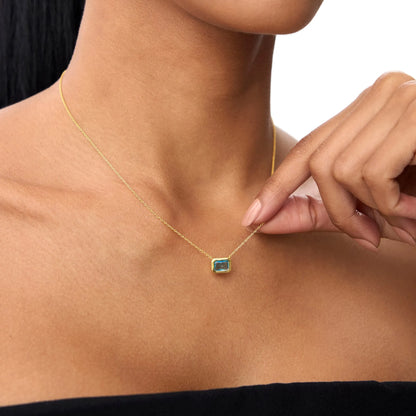 14k Solid Gold London Blue Topaz Emerald Cut Necklace 1.25 Carat Bezel Setting