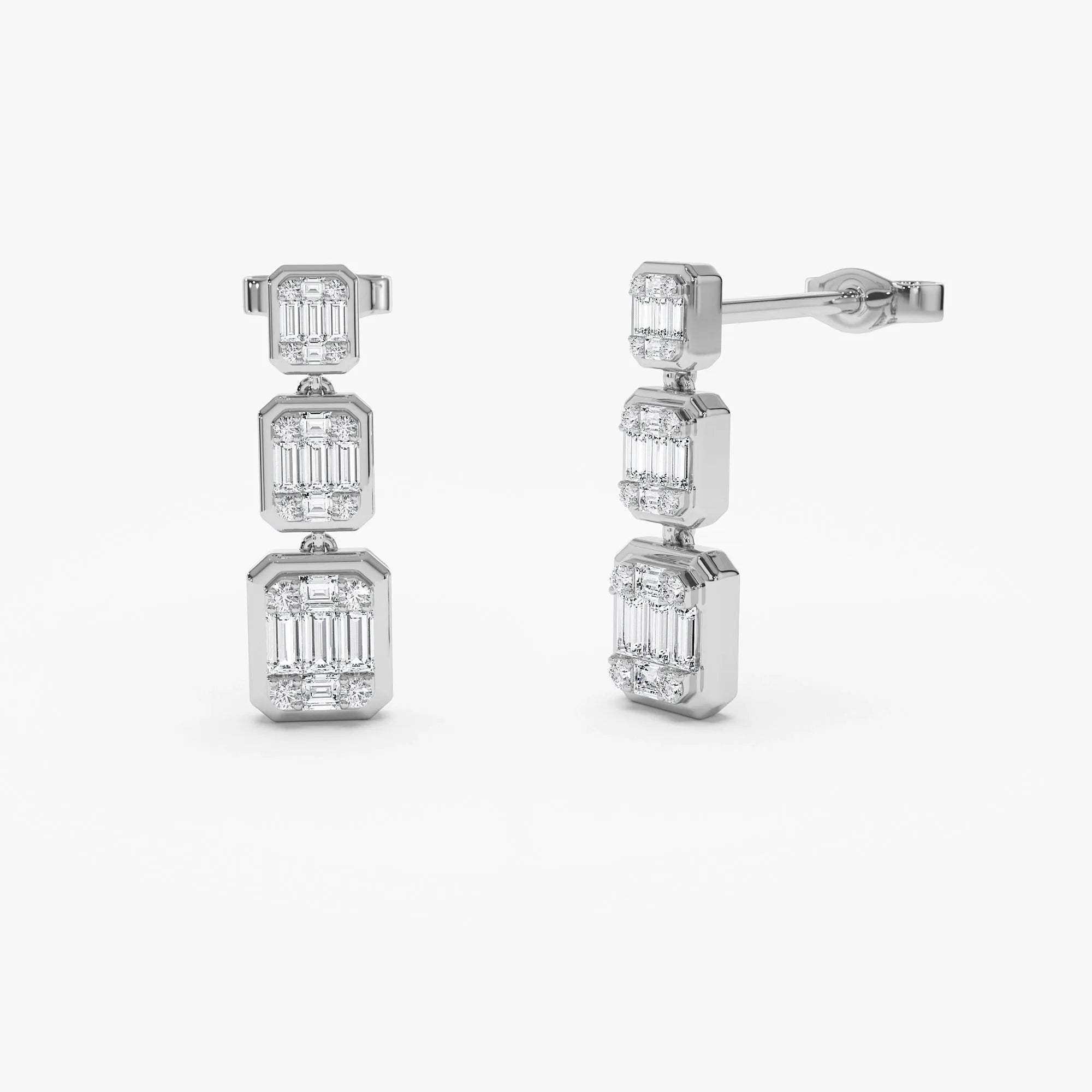 14k Gold Diamond Baguette and Round Cut Drop Earrings Illusion Setting 0.50 ctw