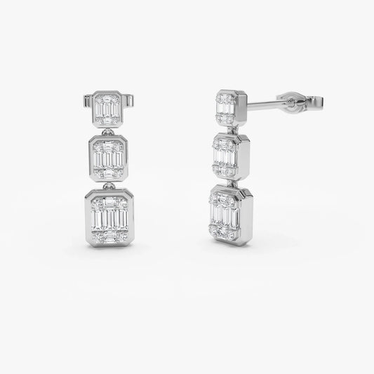 14k Gold Diamond Baguette and Round Cut Drop Earrings Illusion Setting 0.50 ctw