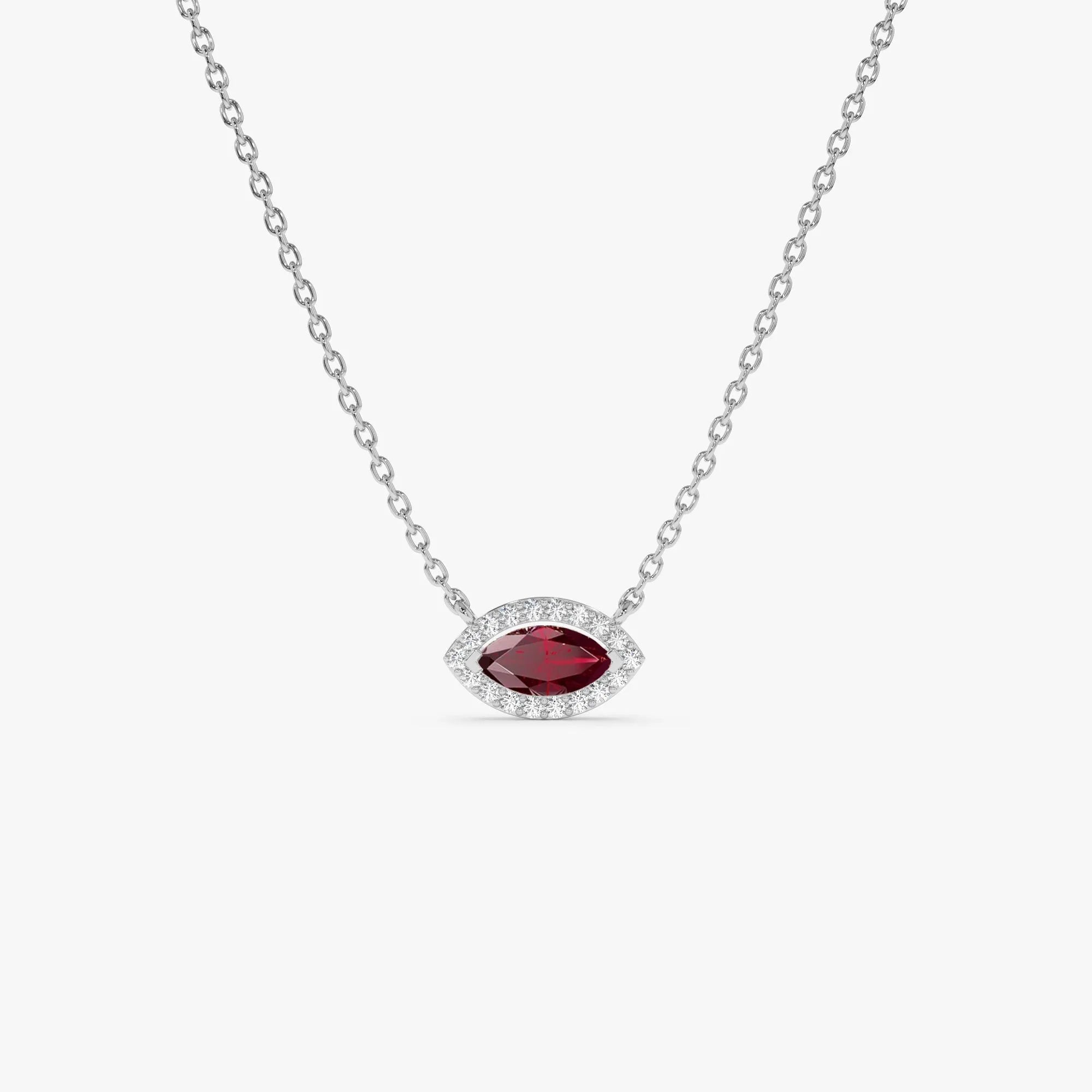 14k Solid Gold Ruby and Diamond Marquise Round Halo Necklace 0.30 Carat Prong Setting