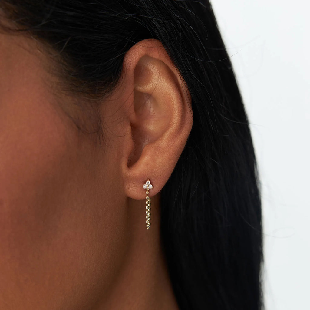 14k Gold Diamond Round Cut Trio Beaded Dangling Earrings 0.11 ctw