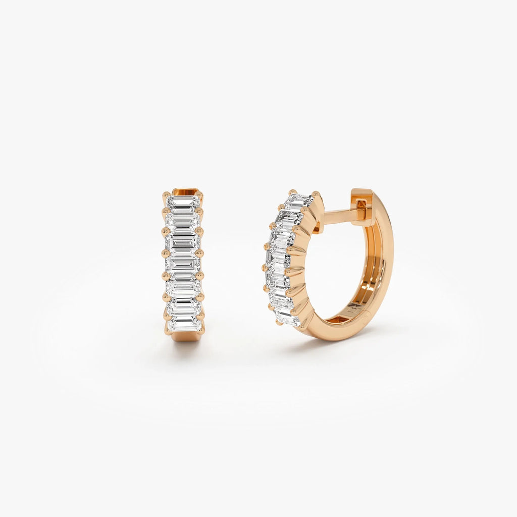 14k Solid Gold Diamond Baguette Cut Huggie Earrings 0.50 ctw