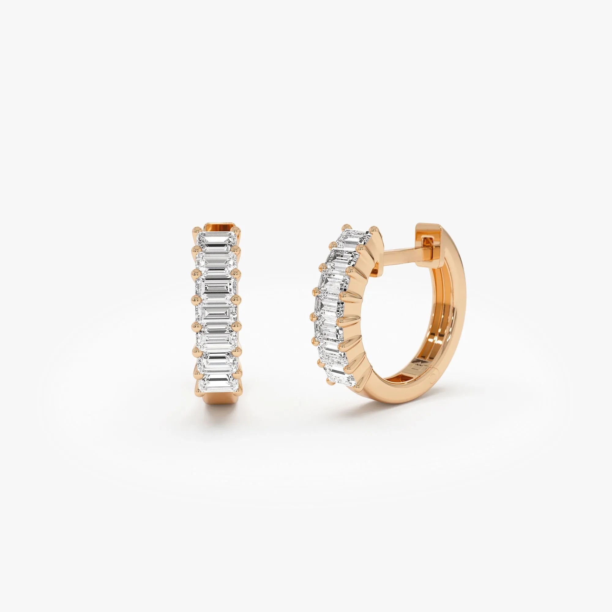 14k Solid Gold Diamond Baguette Cut Huggie Earrings 0.50 ctw