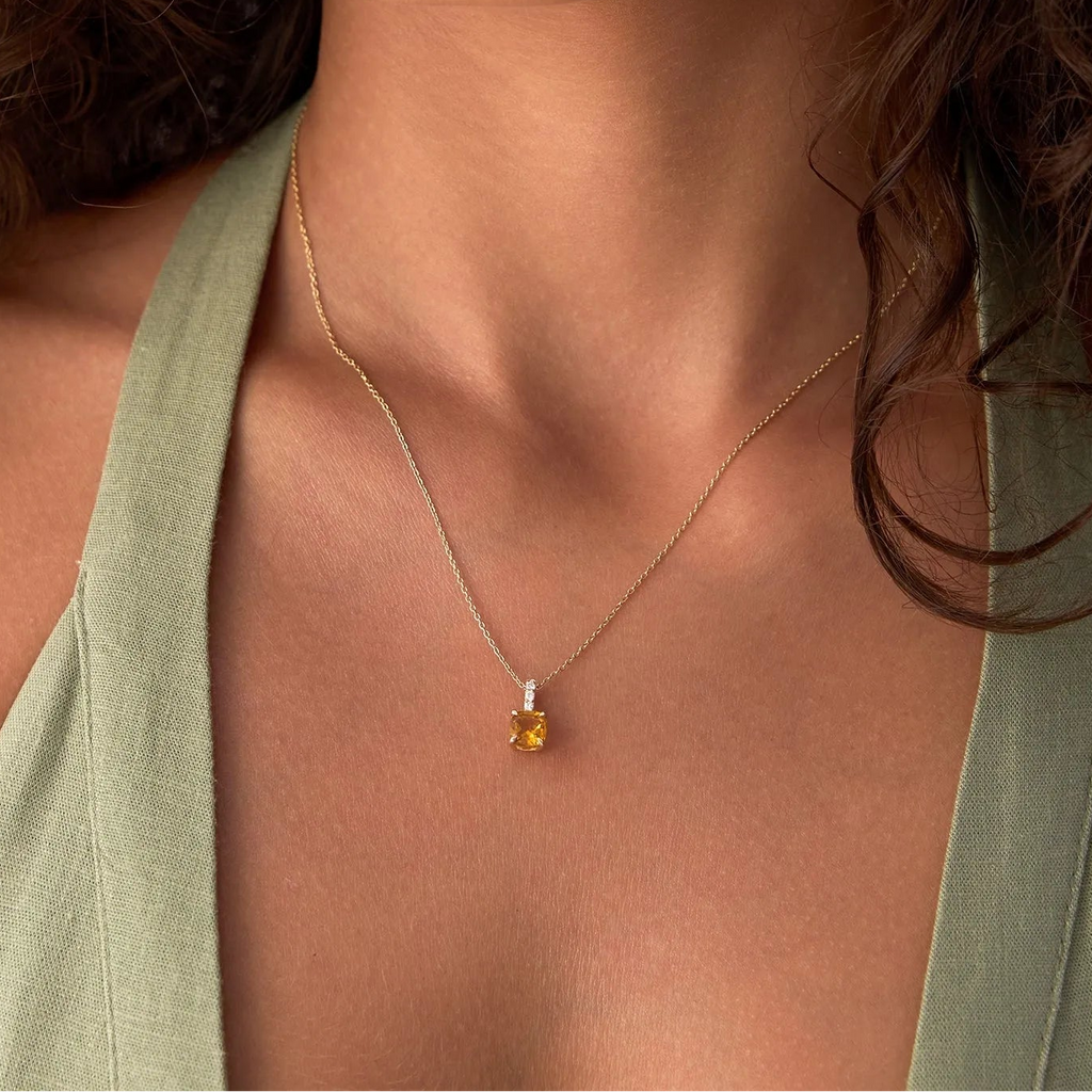14k Solid Gold Citrine and Diamond Cushion Cut Pendant Necklace 1.02 Carat