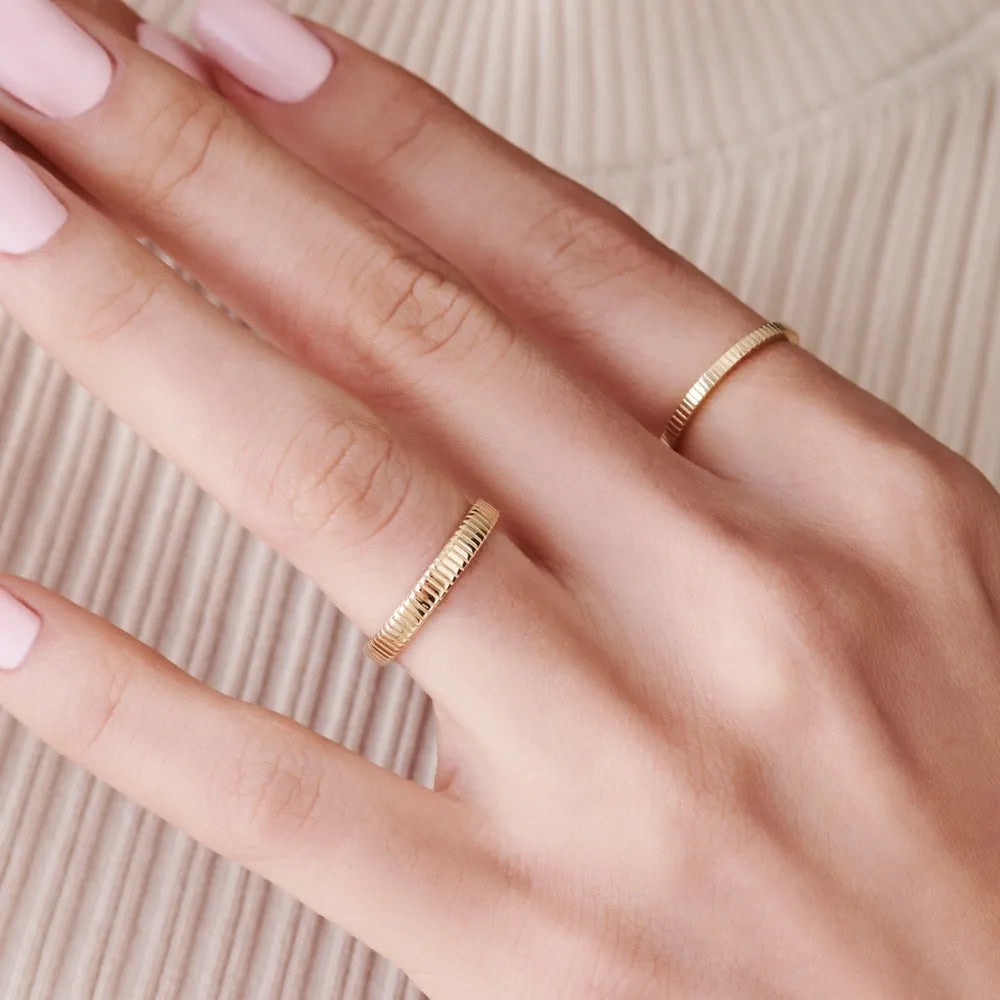 14K Solid Gold 3mm Ribbed Minimalist Wedding Band Ring