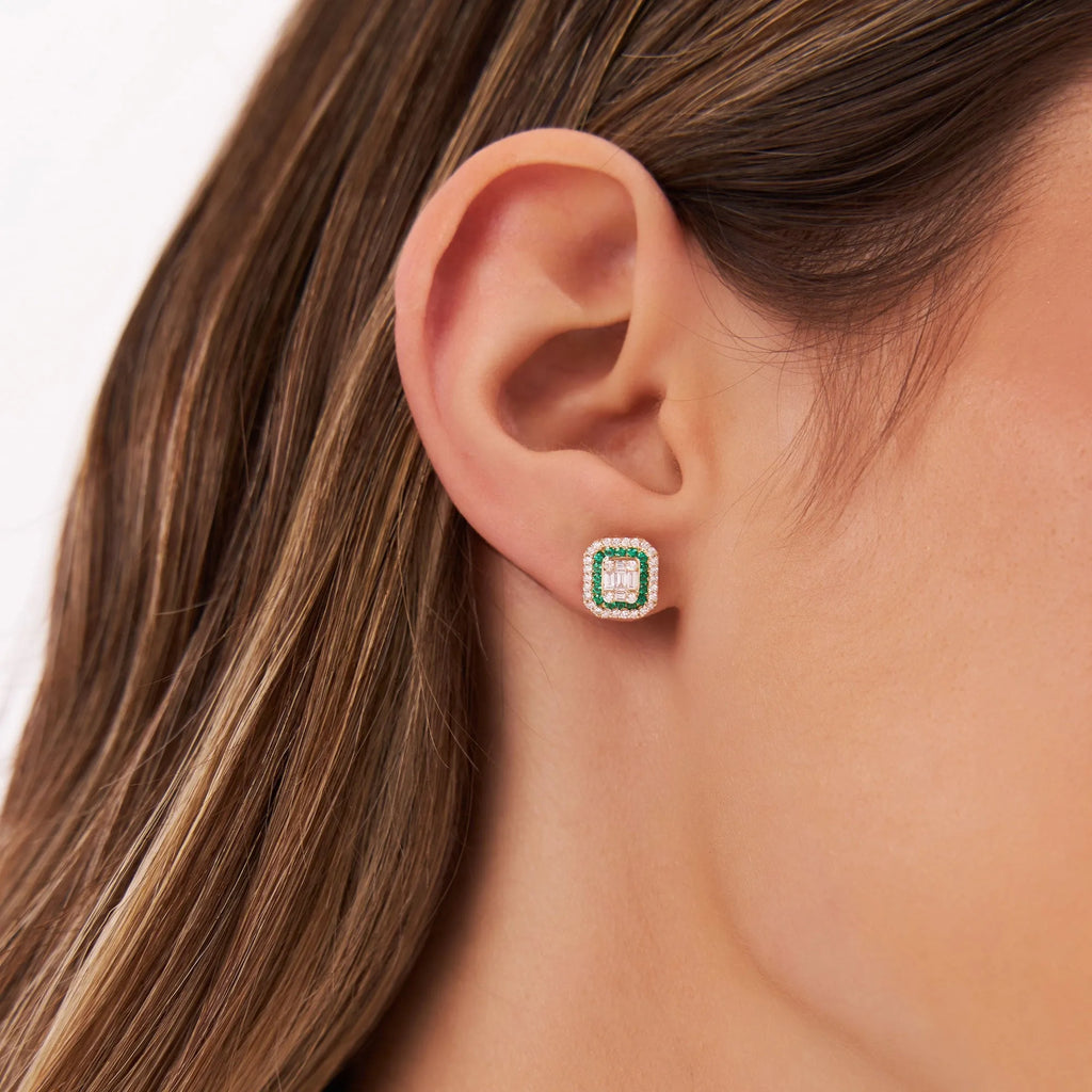 14k Solid Gold Round Emerald and Baguette Diamond Halo Stud Earrings 0.70 ctw