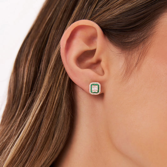 14k Solid Gold Round Emerald and Baguette Diamond Halo Stud Earrings 0.70 ctw