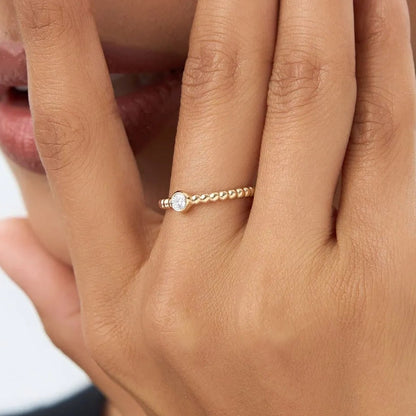 14K Gold Round Diamond 0.05 ctw Beaded Bezel Solitaire Ring