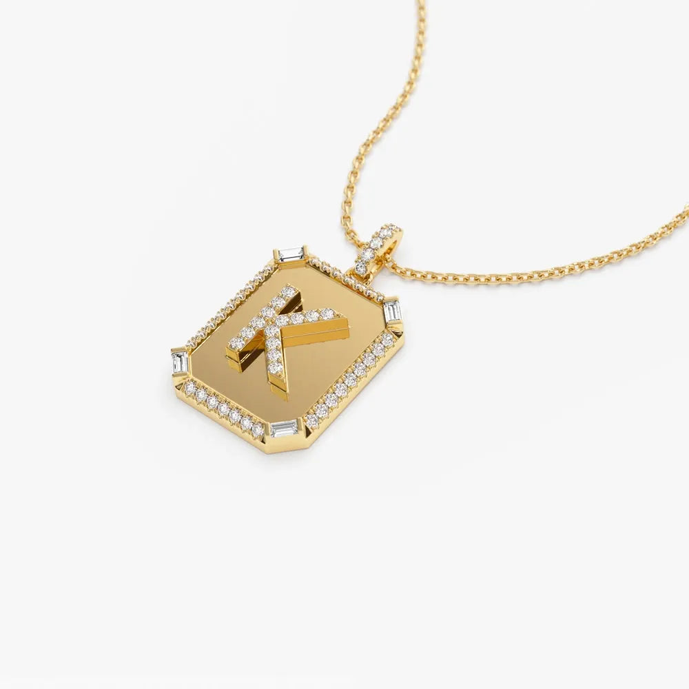 14K Solid Gold Baguette and Round Diamond Tag Initial Pendant Necklace 0.38ctw