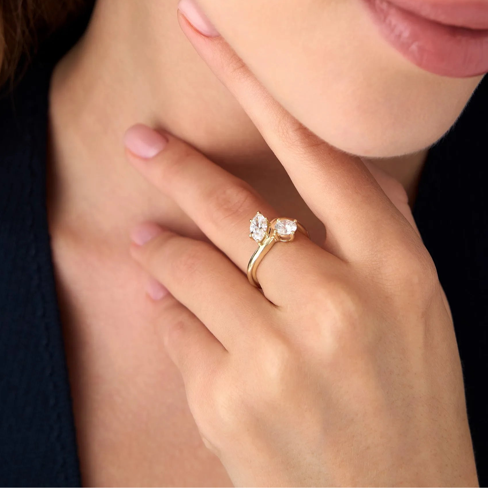 14K Gold Lab Grown Diamond Marquise and Round 1.50 CTW Two Stone Toi et Moi Ring