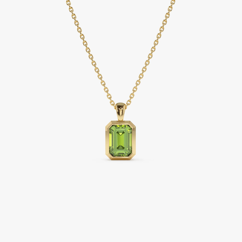 14k Solid Gold Peridot Emerald Cut Vertical Pendant 1.05 Carat Bezel Setting