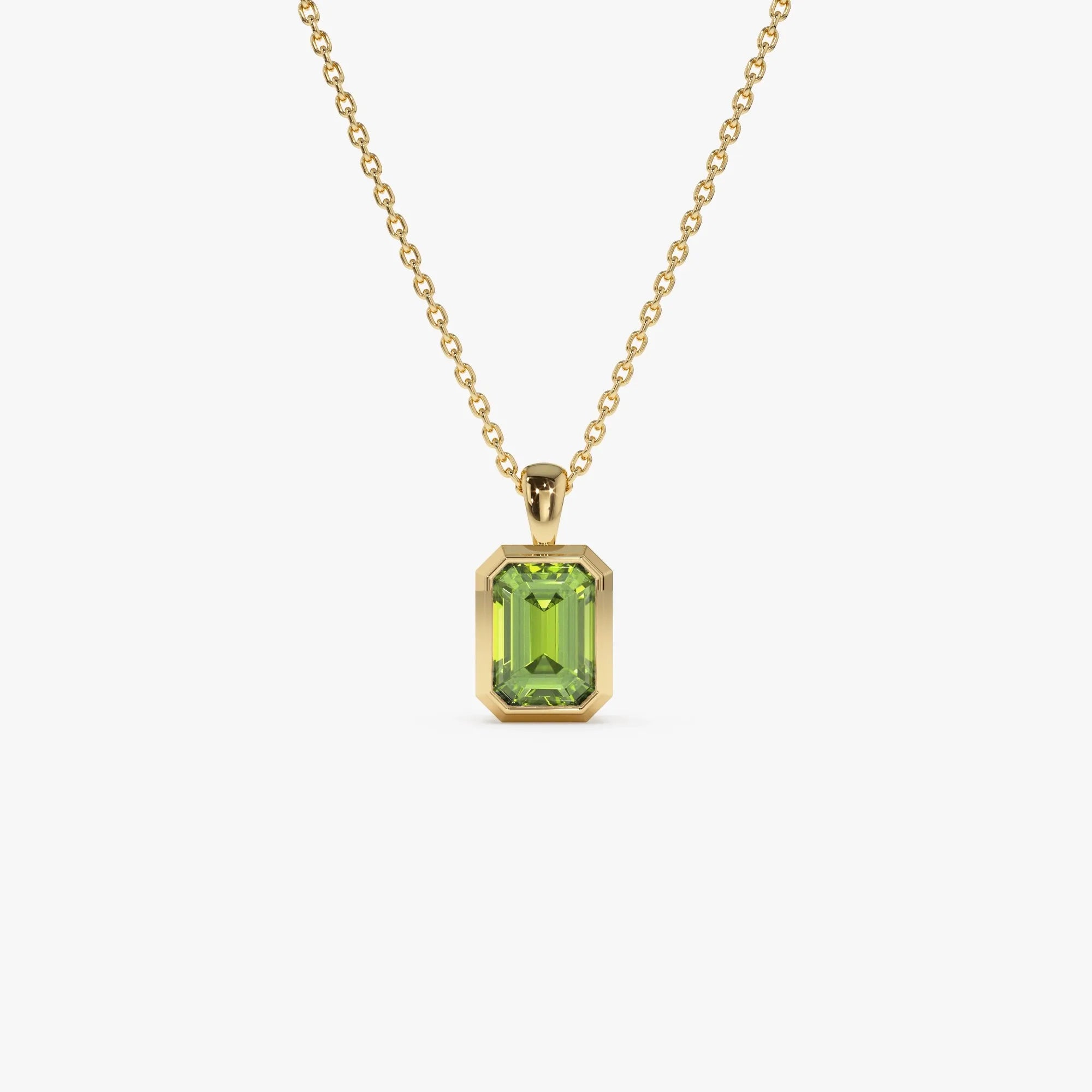 14k Solid Gold Peridot Emerald Cut Vertical Pendant 1.05 Carat Bezel Setting