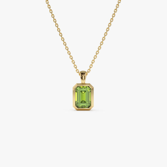 14k Solid Gold Peridot Emerald Cut Vertical Pendant 1.05 Carat Bezel Setting