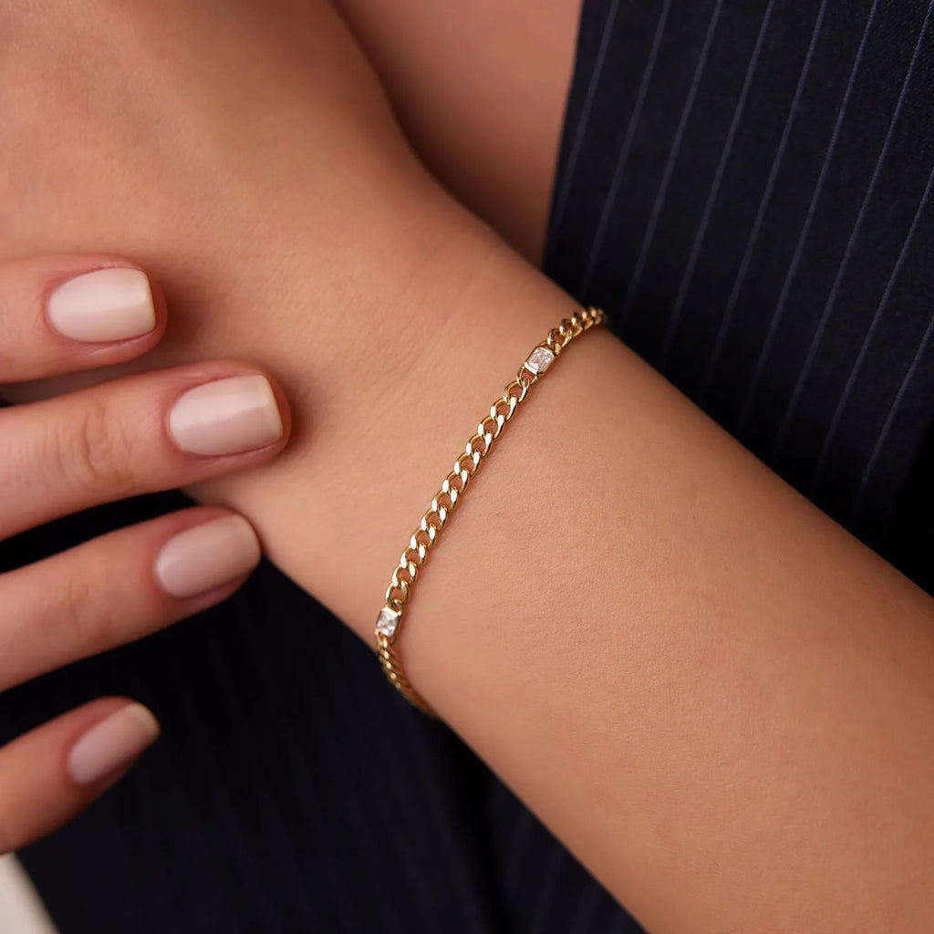 14K Solid Gold Emerald Cut Diamond Cuban Link Bracelet 0.36 Carat