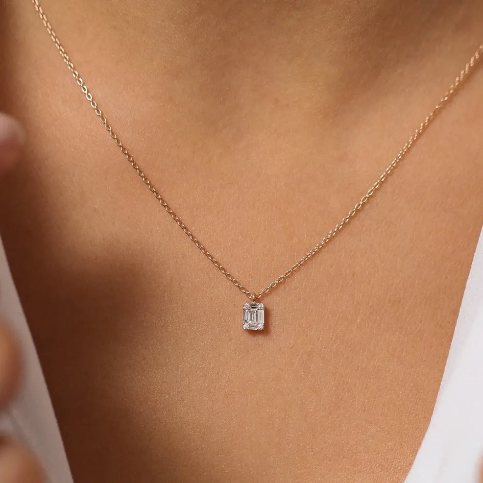 14K Solid Gold Baguette and Round Diamond Charm Pendant Necklace 0.15ctw