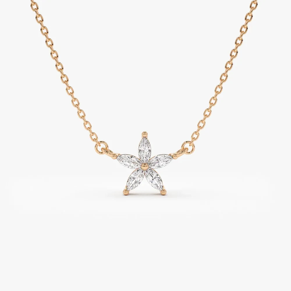 14K Solid Gold Marquise Diamond Flower Pendant Necklace 0.32ctw